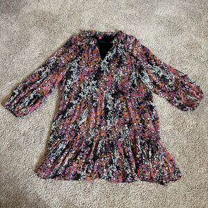 Vince Camuto Dress XXL Black Floral Chiffon Tiered Flowy Lined Notch Neck
